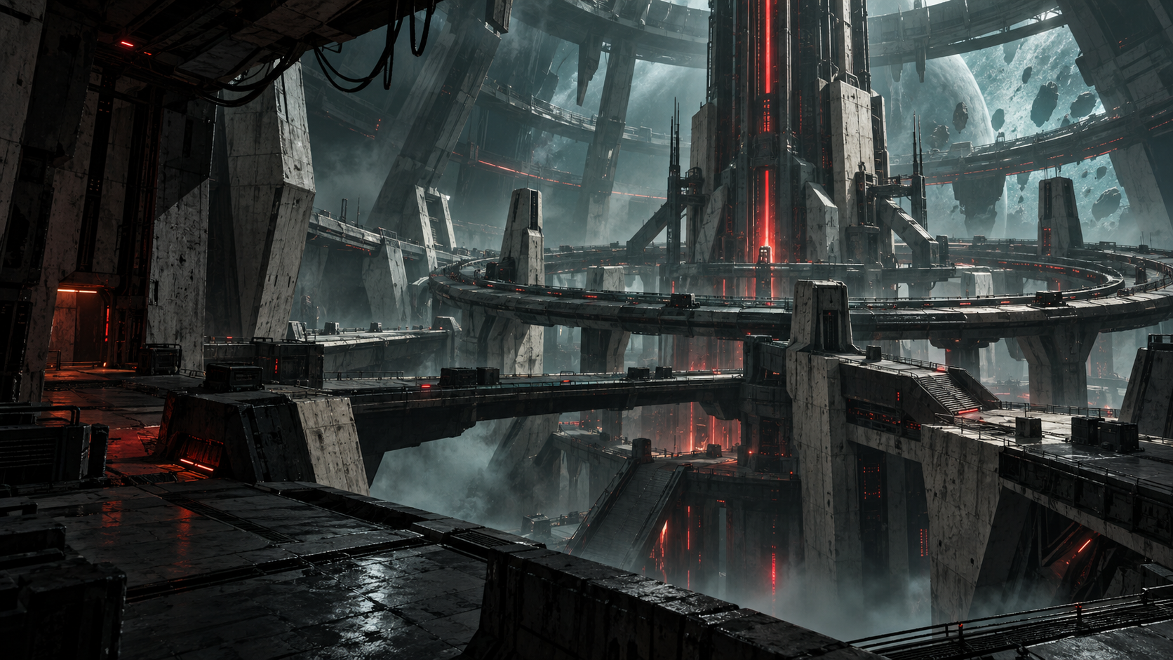 The Relay, an industrial orbital arena with red signals and elevated walkways